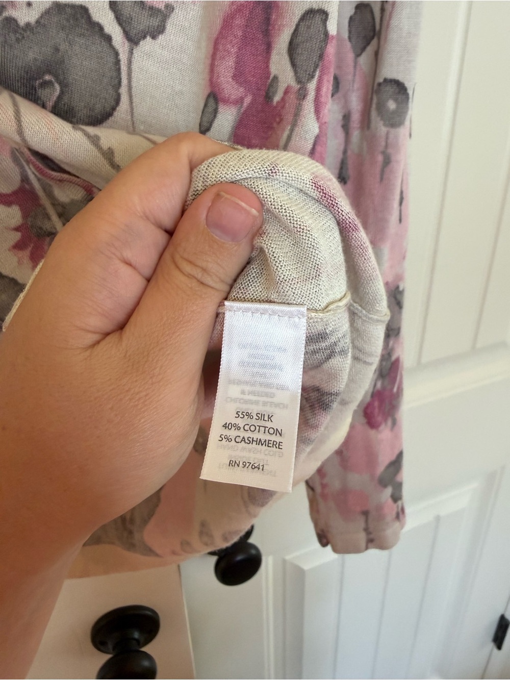 J. Jill Pink and Gray Floral V-Neck Button Down Cardigan silk cotton cashmere - Picture 4 of 5